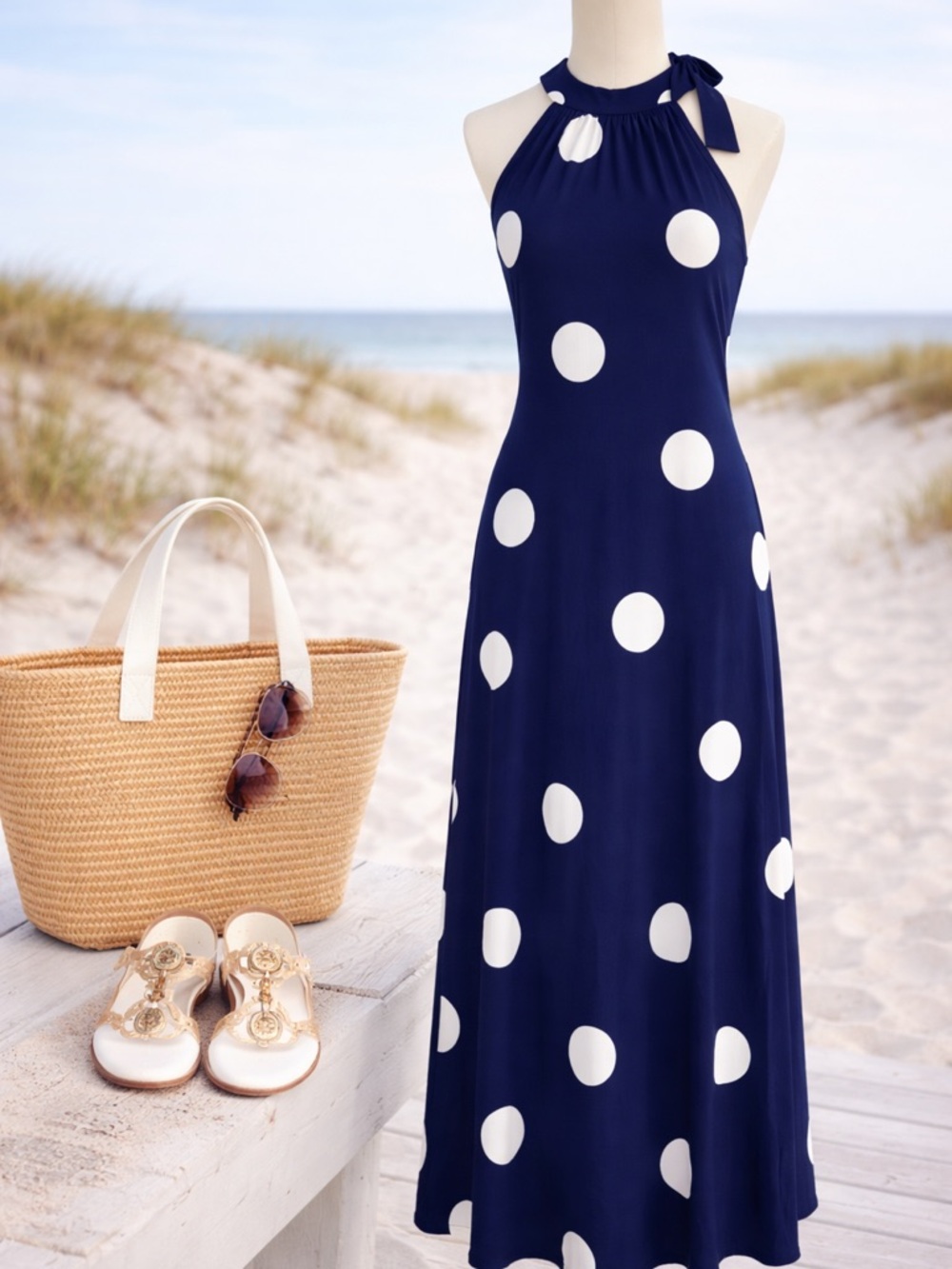 Mud Pie Navy Polka Dot Halter Maxi Dress Coastal Resort NWT Size S/M